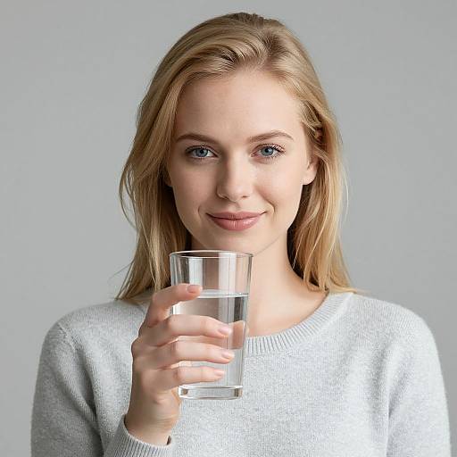 Photograph of a smiling blonde woman with blue eyes, wearing a gray sweater, holding a clear glass of water against a plain gray background.