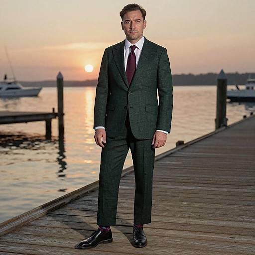 Photograph of a handsome man in a dark green check suit, white shirt, and maroon tie, standing on a wooden pier at sunset with boats