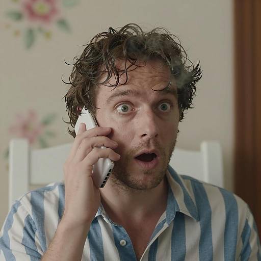 Surprised Man with Curly Hair and Phone