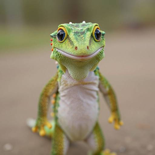 Close-up photograph of a vibrant green, yellow-spotted, and orange-toed gecko with large black eyes and a white belly, standing on a