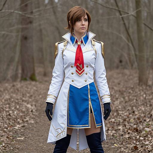 Photograph of a young woman with short brown hair in a white and blue military-style cosplay outfit, red tie, black gloves, and thigh-high boots