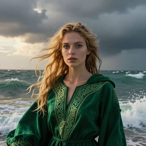 Photograph of a blonde, blue-eyed woman with wavy hair wearing a green, embroidered dress standing in turbulent ocean waves under a stormy sky.