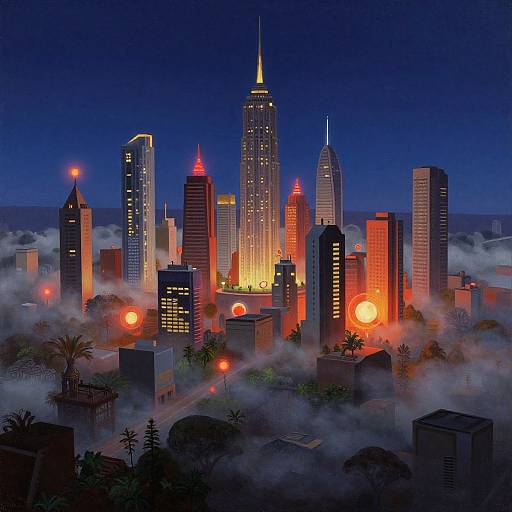 Digital artwork of a futuristic cityscape at night, featuring glowing skyscrapers with red and orange lights, surrounded by mist and illuminated orbs against a deep