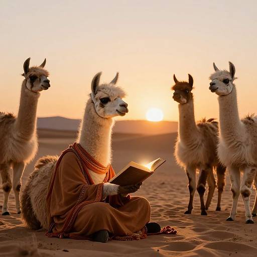 Photograph: Sunlit desert sunset, llama dressed in brown robe, reading book, surrounded by four standing llamas, golden-orange sky, sandy ground