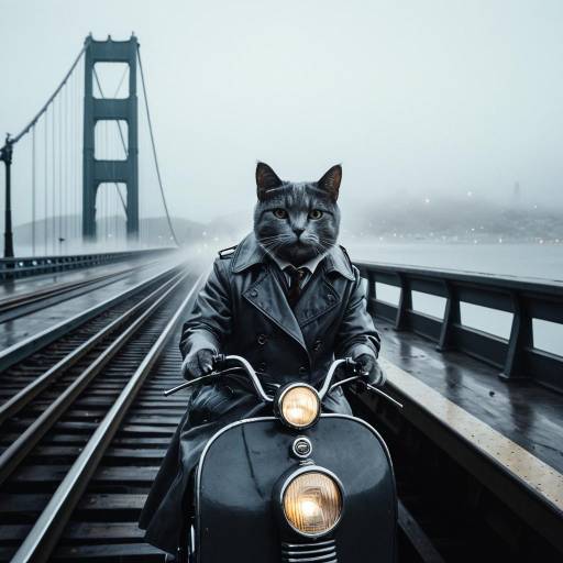 Cat Riding Scooter on Foggy San Francisco Bay Bridge