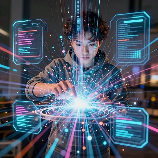 Young Asian man in hoodie, hands glowing with digital interface, neon lines, and code screens in dark, futuristic lab.