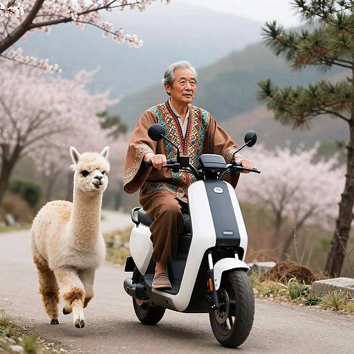 Elder Riding Electric Scooter with Miniature Alpaca