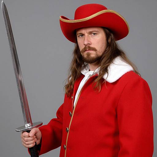 Photograph of a bearded man with long brown hair, wearing a red tricorn hat and coat, holding a sword, against a gray background.