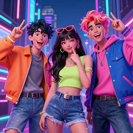 Digital illustration of three vibrant, smiling teenagers in neon-lit urban streetwear, posing with peace signs, wearing colorful jackets and denim shorts.