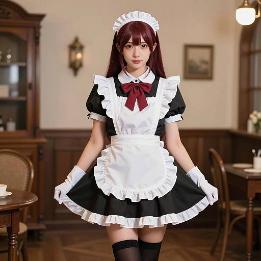 Young Asian Woman in Classic Maid Cosplay Outfit