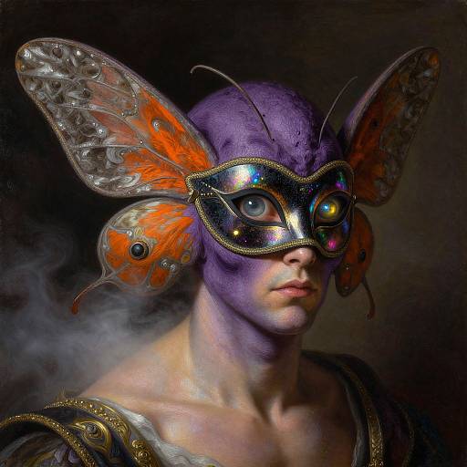 Photorealistic digital painting of a purple-skinned person with large, iridescent butterfly wings and a metallic mask, wearing ornate, ancient-style