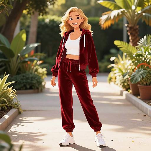 Sporty Woman in Red Velvet Tracksuit