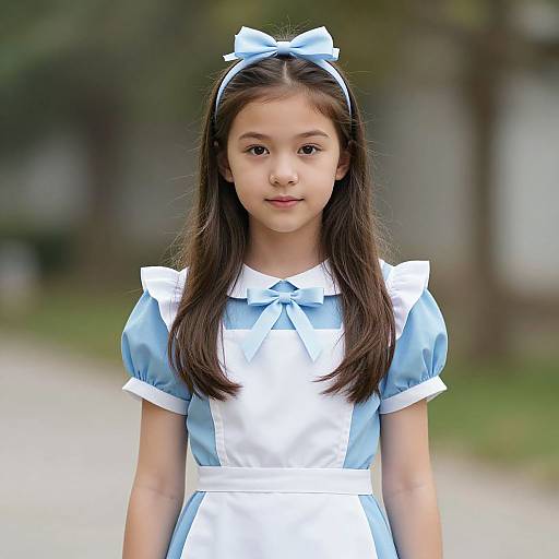 Photograph of a young Asian girl with long brown hair, wearing a blue and white Alice in Wonderland-style dress and bow headband, standing outdoors with