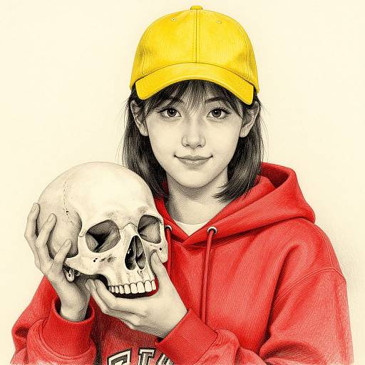 Digital drawing of a young Asian girl with black hair, wearing a yellow cap and red hoodie, holding a human skull.