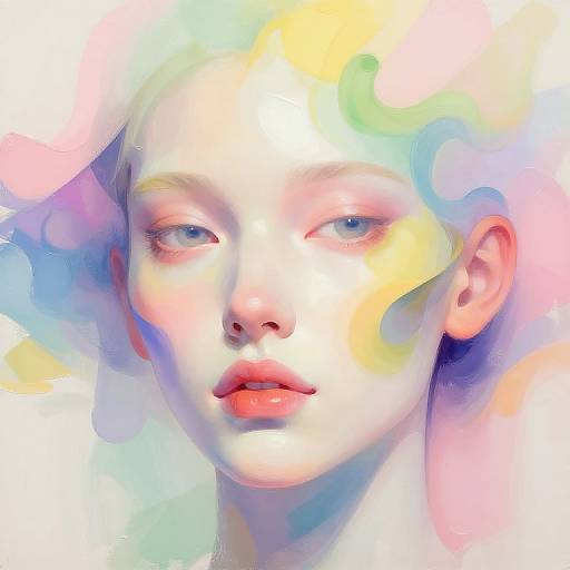 Digital painting of a pale, ethereal-faced woman with blue eyes, pink lips, and flowing, pastel-colored hair blending into a dreamy,