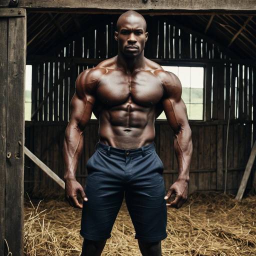 Muscular Black Man Standing in Rustic Barn