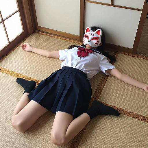 Young Girl in School Uniform with Fox Mask