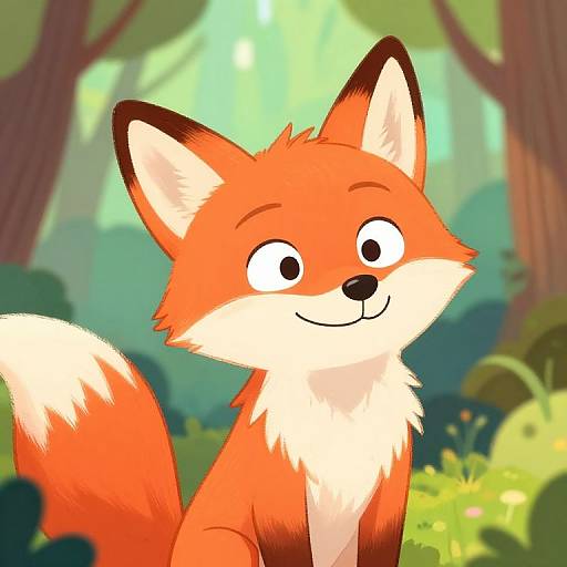 Cartoon-style, cheerful orange fox with white chest and tail tip, large eyes, smiling, set in a bright, sunny forest background.