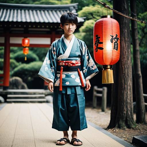 Japanese Boy in Traditional Kimono with Lantern