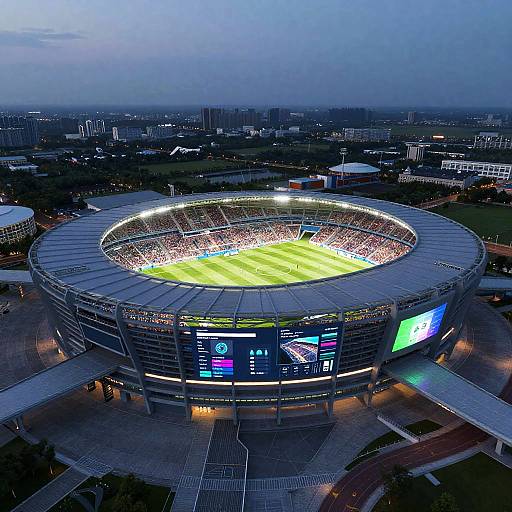 Aerial photograph of a brightly lit, modern stadium at dusk, showing a green soccer field, illuminated stands, and surrounding cityscape.
