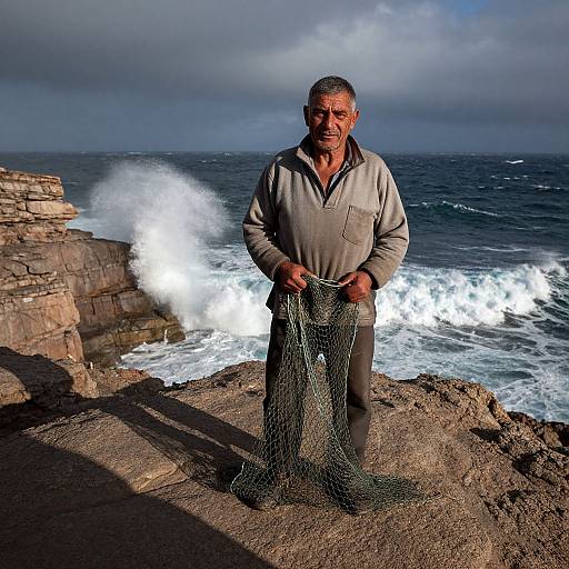 Middle-aged man with gray hair stands on rocky coastline, holding fishing net, waves crashing behind, cloudy sky, stone wall on left.