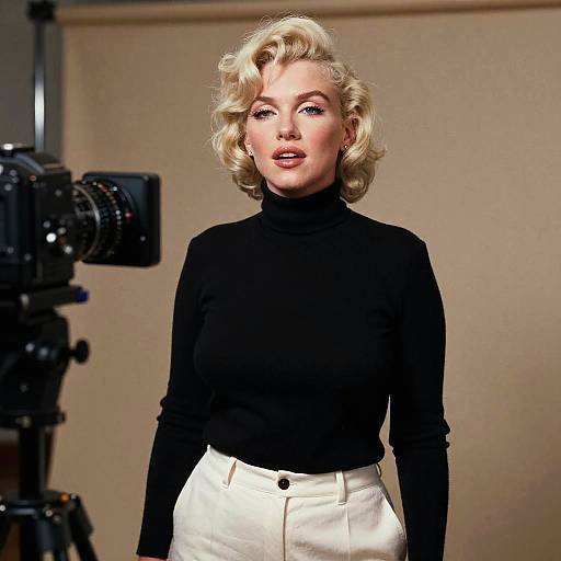 Photograph of a blonde woman with curled hair, wearing a black turtleneck and white high-waisted pants, standing in a studio with a