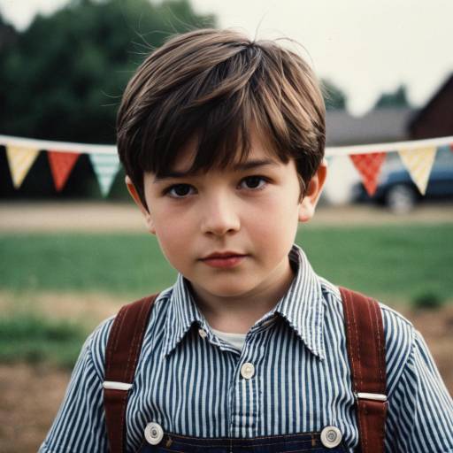 Young Boy in Striped Shirt and Suspenders Outdoors