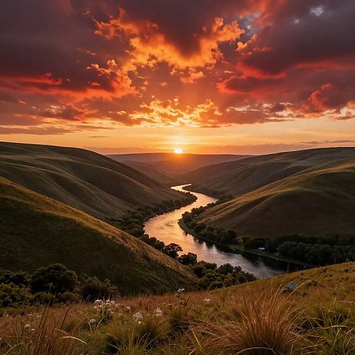 Photograph of a dramatic sunset over rolling hills with a winding river, vibrant red and orange clouds, and grassy foreground.