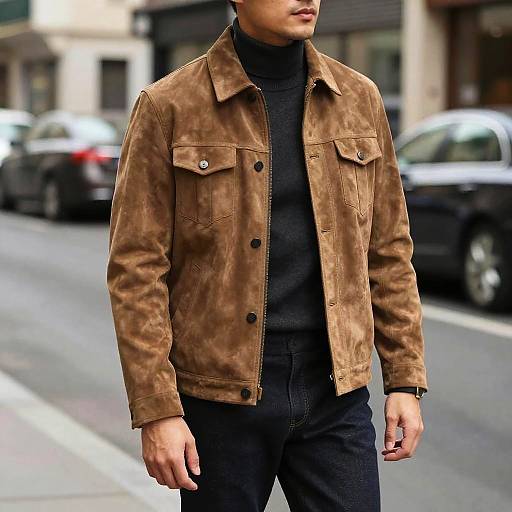 Photograph of a man in a brown suede jacket, black turtleneck, and dark jeans, standing on a city street. Blurred cars and