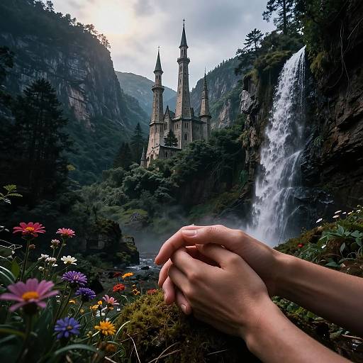 Photograph of a person's hands clasped in front of a fairy-tale castle surrounded by colorful wildflowers and a cascading waterfall in a lush