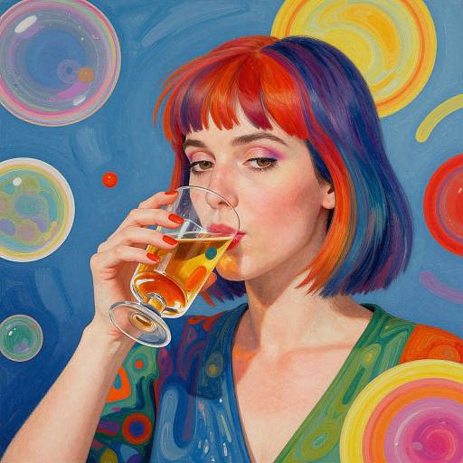 Digital painting of a woman with red and blue bob haircut, drinking from a glass, surrounded by colorful bubbles against a vibrant blue background.