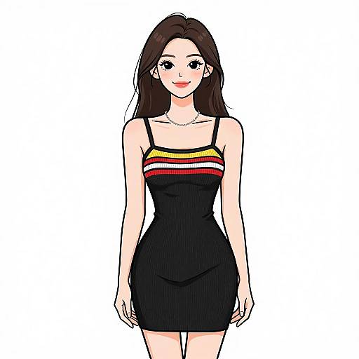 Digital anime-style drawing of a smiling Asian woman with long black hair, wearing a black, sleeveless, form-fitting dress with red and yellow stripes
