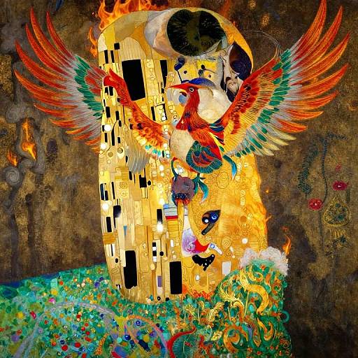 Vibrant digital artwork of a fiery, multicolored bird with outstretched wings perched on a glowing, checkerboard tower surrounded by colorful