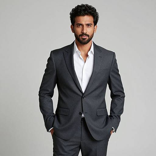 Photograph of a handsome, bearded South Asian man with curly black hair, wearing a dark gray suit and white shirt, standing against a plain white