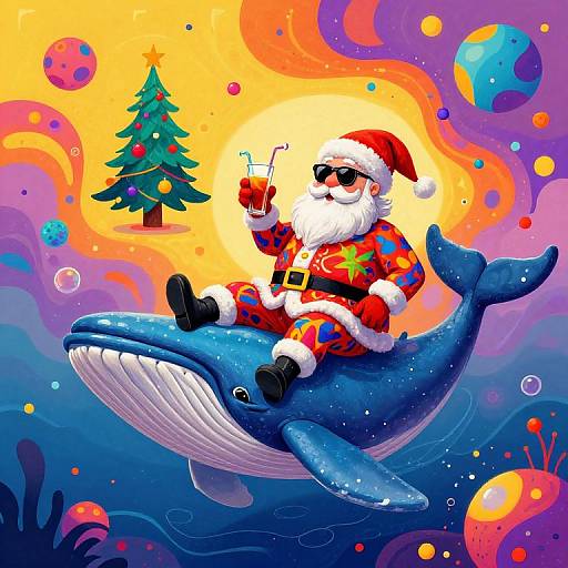 Colorful digital illustration of Santa Claus, wearing sunglasses, red suit with blue patterns, riding a blue whale, holding a drink, with a decorated Christmas