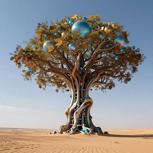Digital artwork of a surreal, twisted tree with metallic branches, adorned with blue and gold spheres, standing in a desert under a clear blue sky.