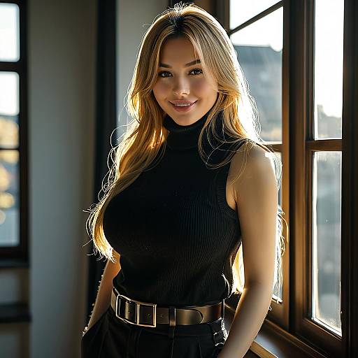 Smiling Blonde Woman in Black Turtleneck