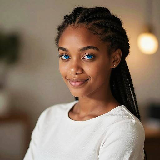 Photograph of a smiling young Black woman with blue eyes, dark skin, and long braids wearing a white shirt, softly lit indoors.