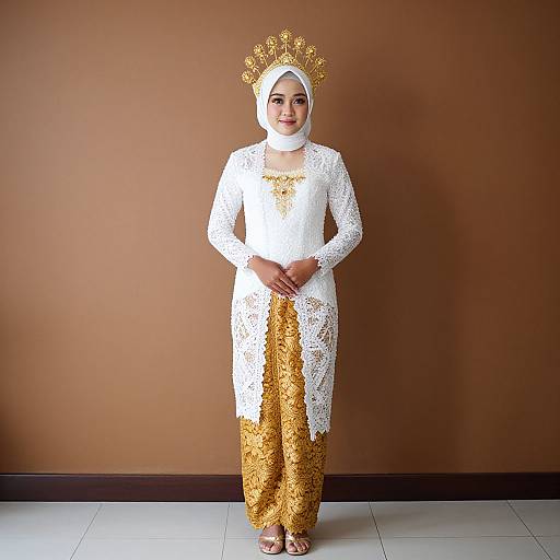 Photograph of a woman in white lace and gold embroidered bouse with matching hijab, gold crown, standing against a brown wall.