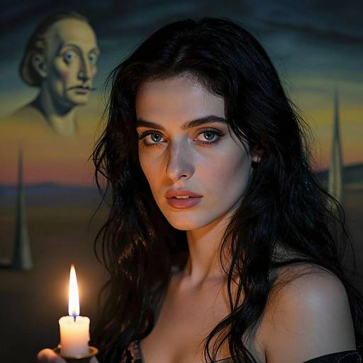 Photograph of a dark-haired woman with piercing eyes, holding a lit candle, in a surreal, twilight sky background with a painted, ghostly face