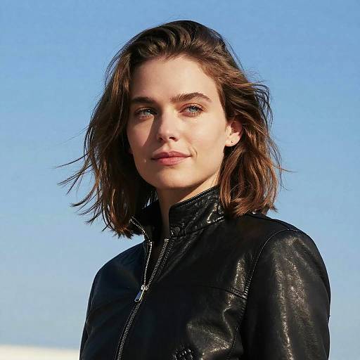 Photograph of a young woman with fair skin, blue eyes, and shoulder-length brown hair, wearing a black leather jacket, against a clear blue sky