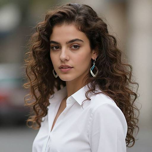 Photograph of a young woman with curly brown hair, olive skin, wearing a white shirt and teal earrings, looking directly at the camera in a blurred
