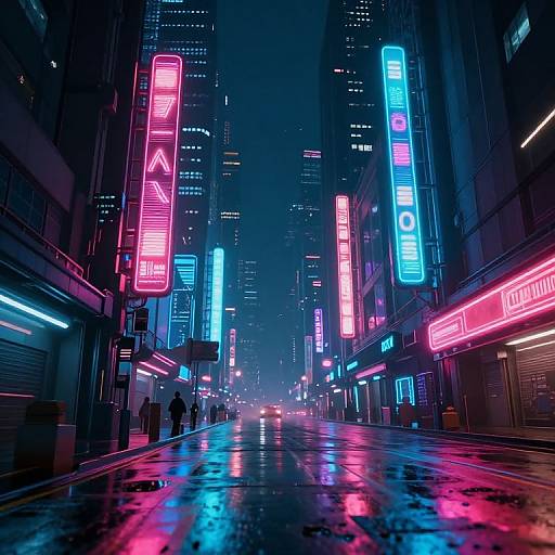 Neon-lit, rain-soaked urban street at night, vibrant pink, blue, and purple neon signs, reflections on wet pavement, futuristic city