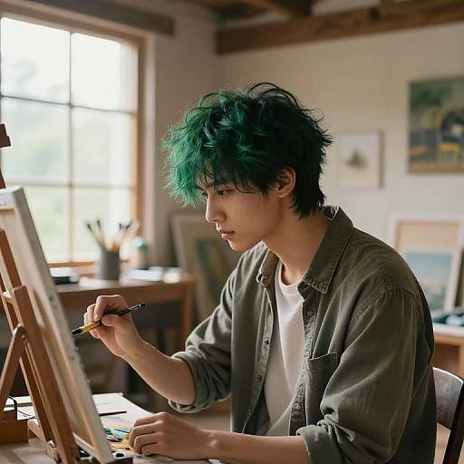 Photograph of an Asian artist with green-dyed hair, wearing a grey denim shirt, painting on an easel in a bright, wooden studio