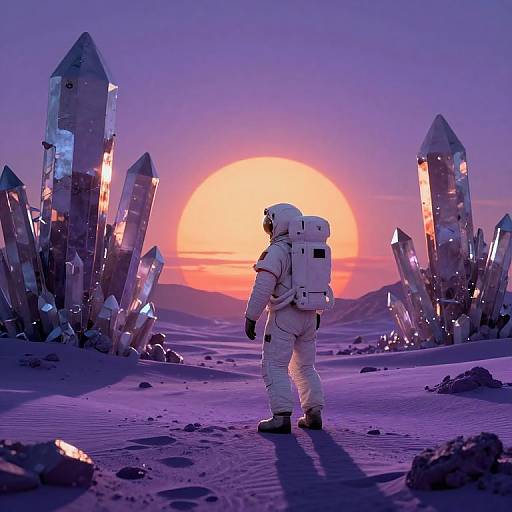 Photorealistic CGI of an astronaut in white space suit, standing in purple-hued lunar landscape with glowing crystal formations and a large orange sun setting in