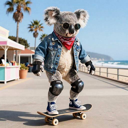 Anthropomorphic Koala Skateboarding on Coastal Boardwalk