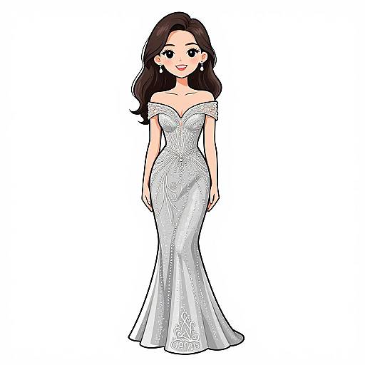 Cartoon-style illustration of a smiling woman with long dark hair, wearing an off-shoulder, sparkling silver wedding dress, standing against a white background