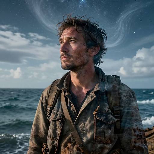 Photograph of a rugged, bearded man with messy brown hair, wearing a dirty camouflage jacket, standing at the ocean's edge under a starry