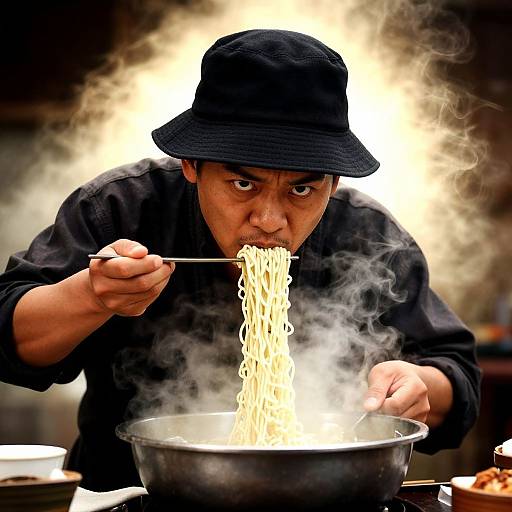 Photograph of a man in a black hat and shirt, intensely eating steaming noodles with chopsticks from a metal bowl.