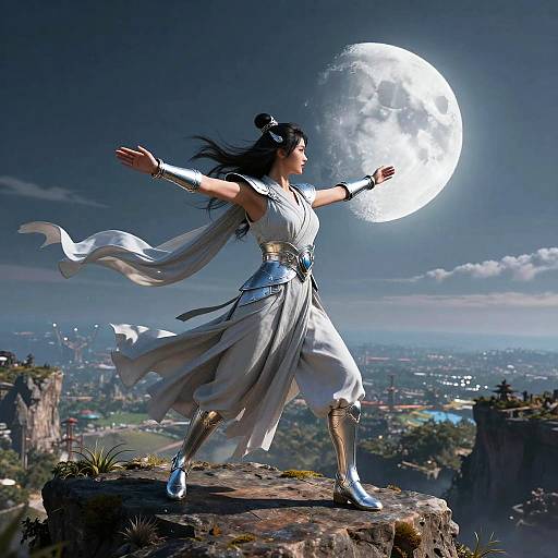 Warrior on Alien Cliff with Twin Moons